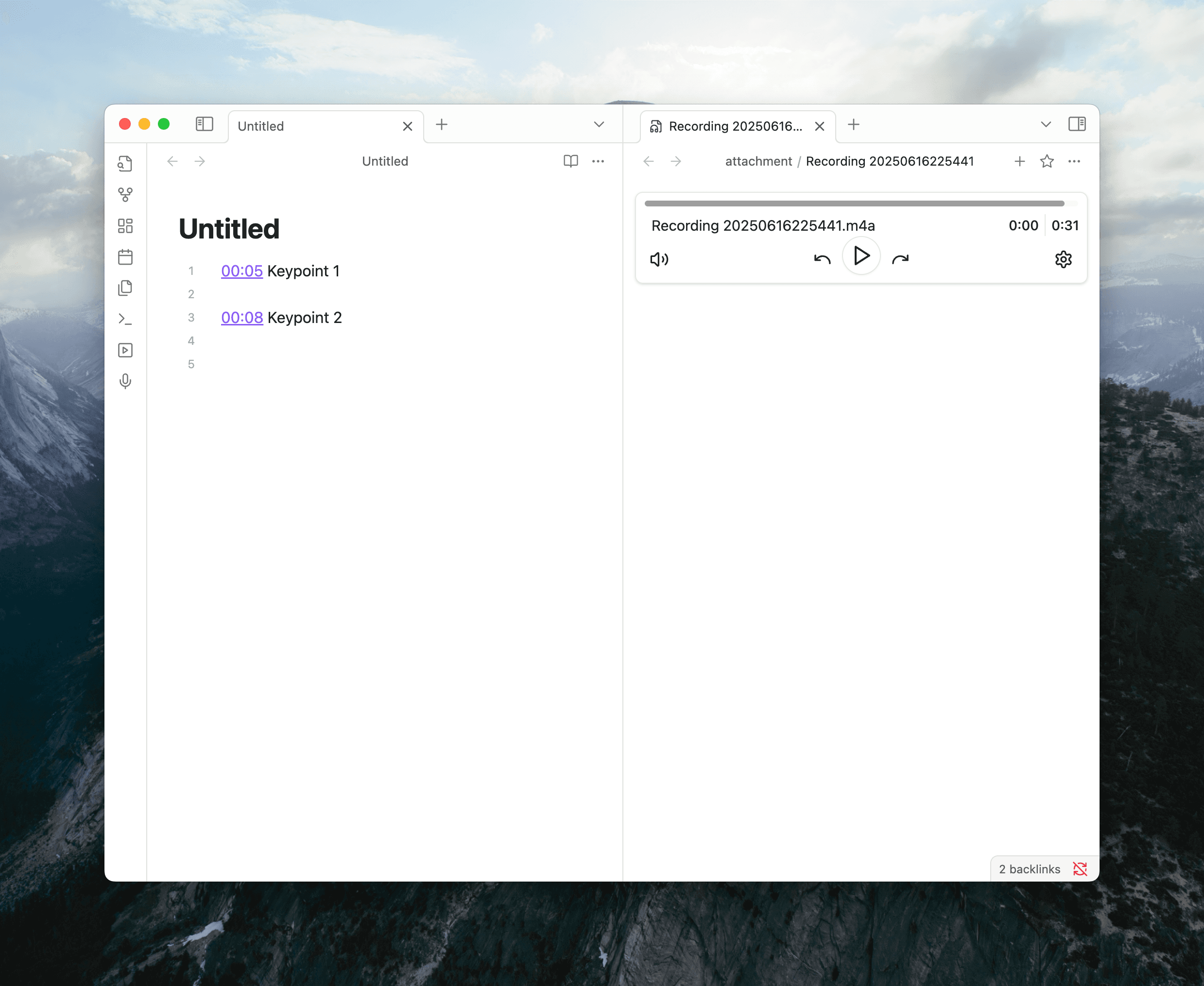 Placeholders replaced with clickable timestamp links after the recording saves.