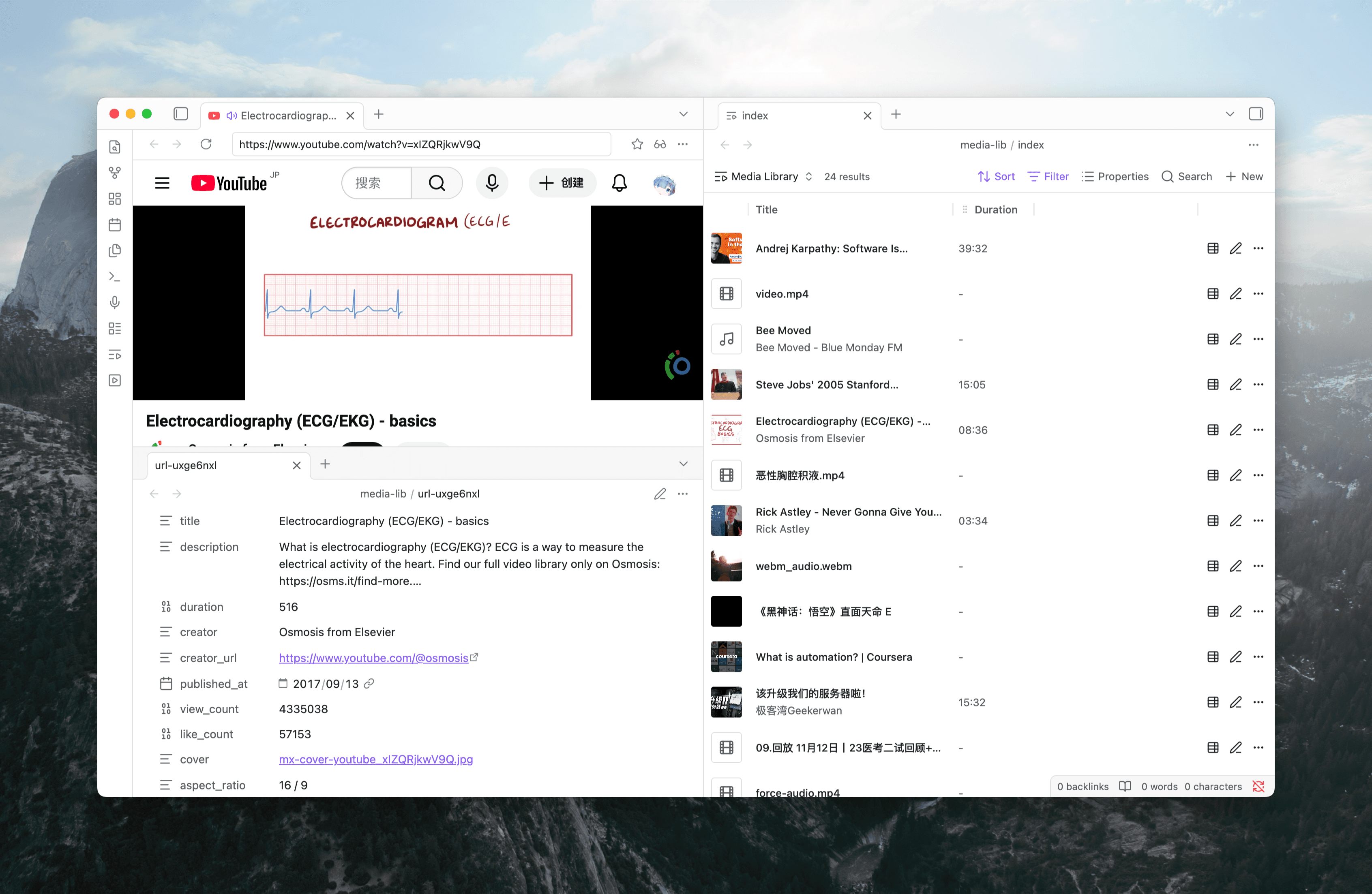 Media Library Bases view showing a grid of media notes with cover art, search bar, and column controls