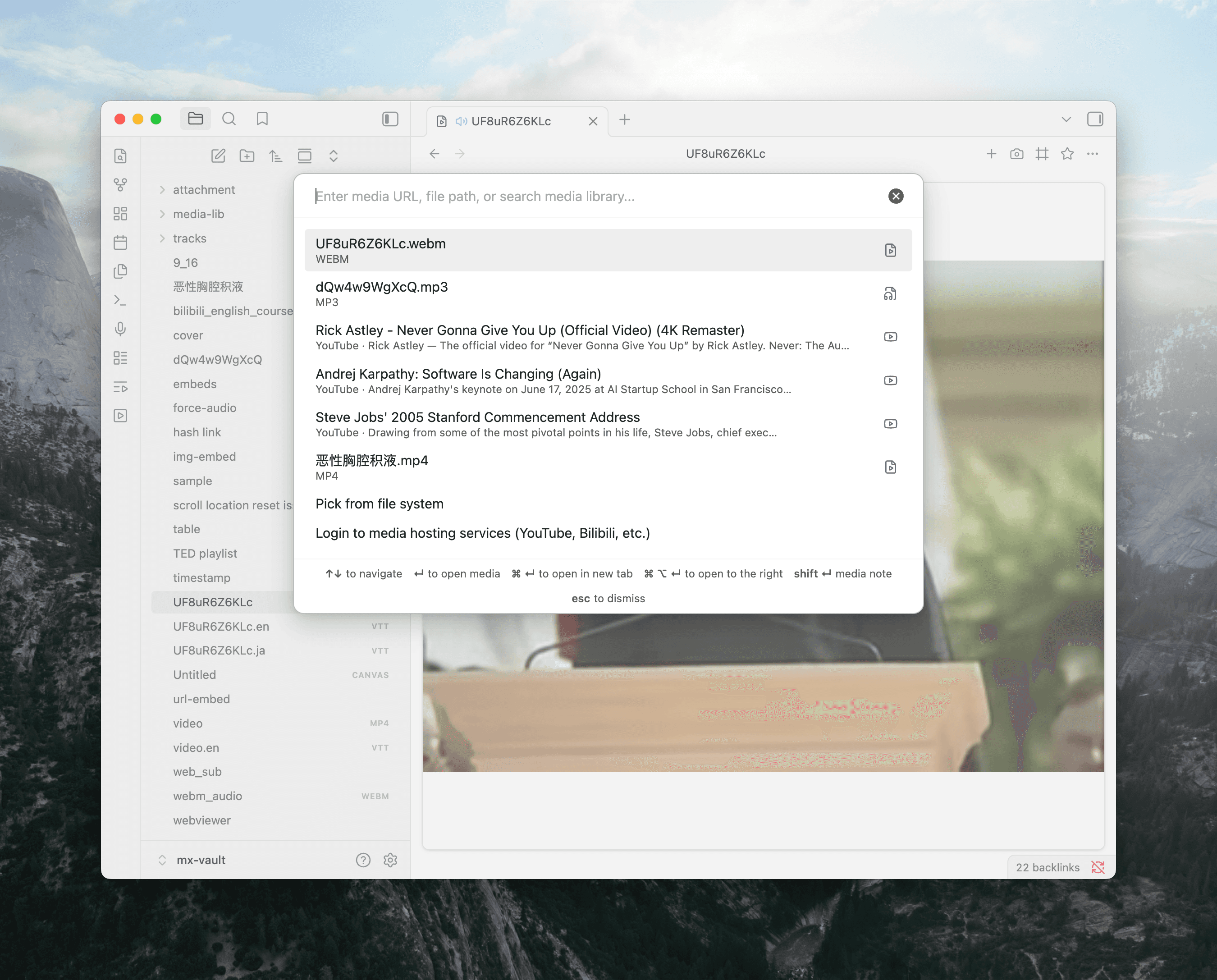 Media quick switcher showing recently played files, YouTube videos with titles, and options for picking from the file system or logging into hosting services