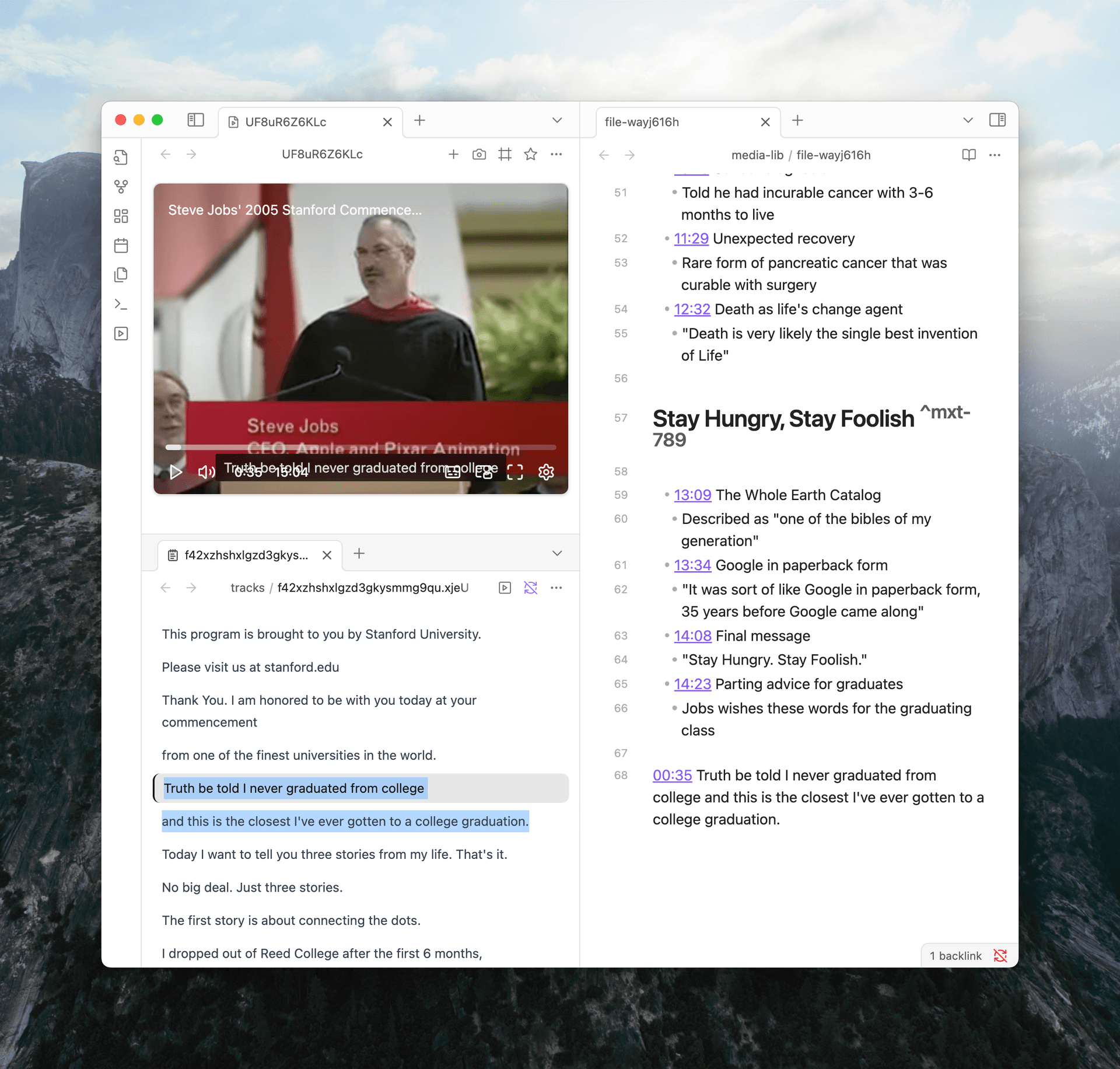 Interactive transcript panel synced with video