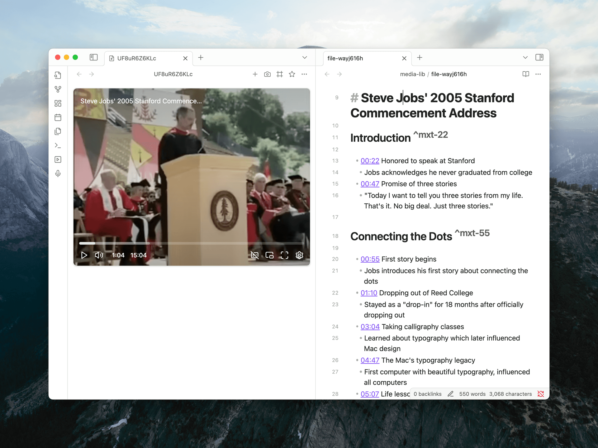 Media Extended plugin showing video player and timestamped notes in Obsidian